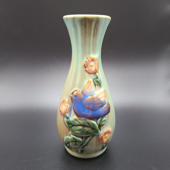 Small Ceramic Vase Light Green with Blue Bird and Flowers - Picture 2 of 6